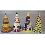 Four conical sugar sifters, a pair by Chelsea Works Burslem Staffordshire 'Moorland' design, one