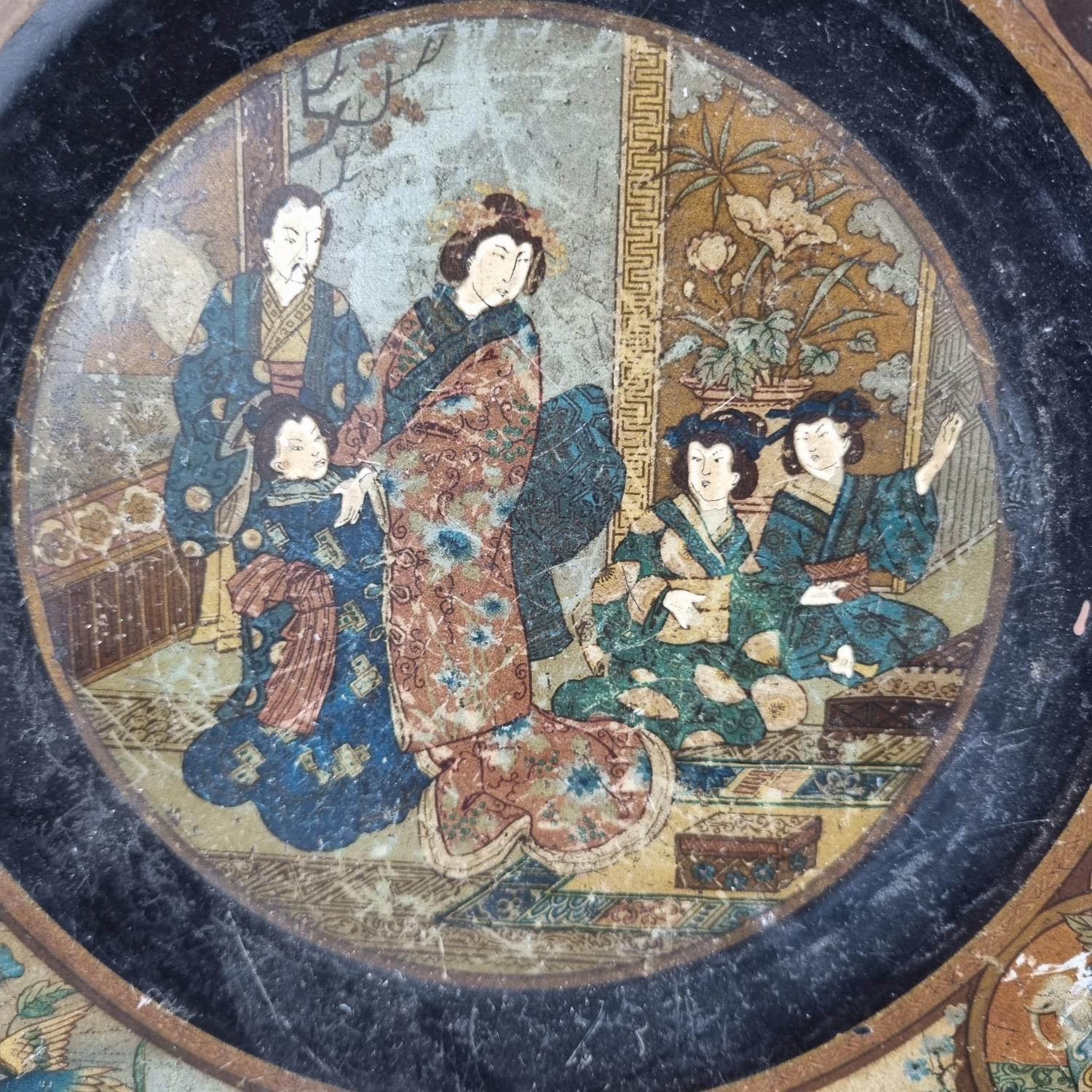 Japanese lacquered papier mache two handled dish decorated with panels and figures and having a - Image 3 of 3