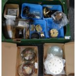 Box of clock parts to include: various metal wires, metal and enamel clock faces, watch and clock