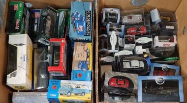 Two boxes of diecast model vehicles, all appearing in original packaging to include: Corgi,