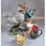 Collection of ceramic chickens and roosters, to include: jug and small egg crock. (5) (B.P. 21% +