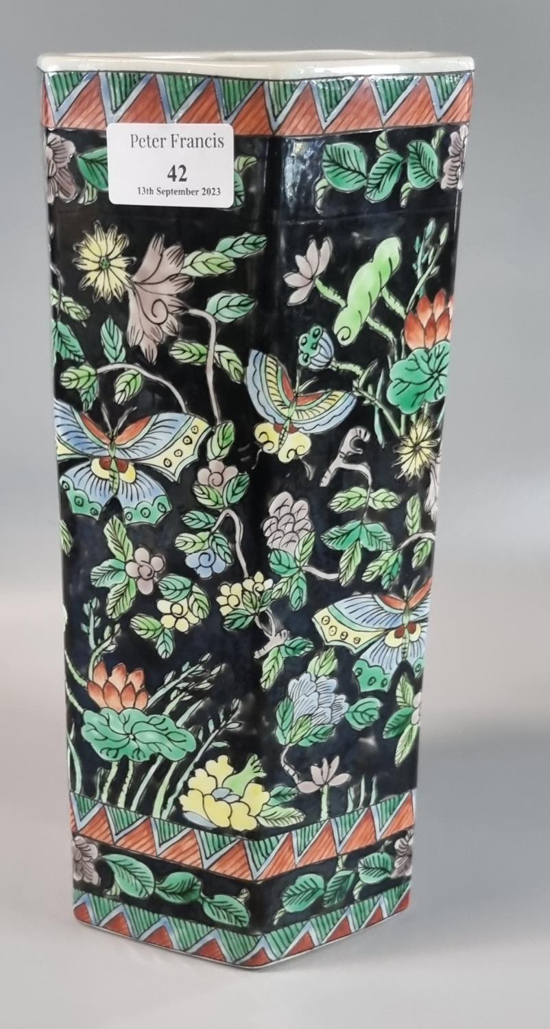 Chinese export porcelain hexagonal straight sided vase, decorated with butterflies, Lotus flowers