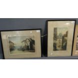 Group of assorted architectural etchings, various: street scenes, cloisters etc. Six framed, one