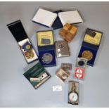 Box of oddments to include: Art Deco chrome match holder, silver plated cigarette case, various