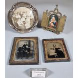 Hallmarked silver scroll work circular photograph frame, three portrait umbo type pictures and a