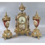 19th century style continental brass and porcelain two train clock garniture set depicting figural