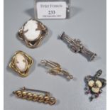 Collection of cameo and other brooches: silver brooch, swallow brooch together with a floral Arr