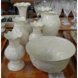 Tray of Belleek Irish porcelain to include: various shapes of vases, moulded acorn and oak leaf