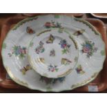 Tray containing Herend Hungarian 'Queen Victoria' pattern design hand painted porcelain plates and
