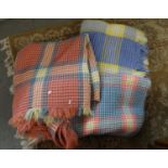 Box containing three vintage woollen fringed honeycomb check blankets in various colourways. (B.P.