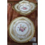 Royal Crown Derby gilt and floral part dessert service with plates and lozenge shaped serving bowls.