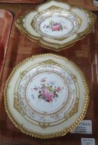 Royal Crown Derby gilt and floral part dessert service with plates and lozenge shaped serving bowls.