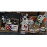 Two boxes of china, mostly Staffordshire Flat Back figures and spill vases to include: two gentlemen