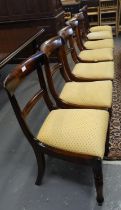 Harlequin set of seven 19th century mahogany and rosewood bar back dining chairs with drop
