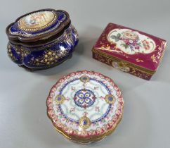 Collection of three continental porcelain boxes including one cobalt blue ground casket, all with