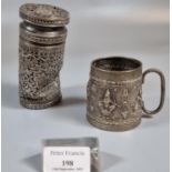 Indian or Burmese white metal christening cup/mug together with a cylindrical jar with pierced cover