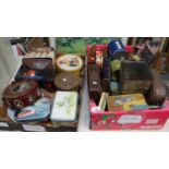 Two trays of assorted vintage biscuit tins etc. (B.P. 21% + VAT)