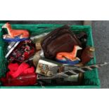 Box of assorted items to include: dragon design scabbard and dagger, Staffordshire seated pair of