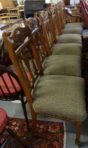 Set of six Art Nouveau design oak dining chairs with stuff over seats on tapering legs and