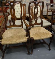 Two similar Queen Anne style chairs, one a carver on rush seat and crinoline stretchers. (2) (B.P.