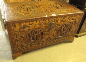 Chinese hardwood intricately carved camphor wood chest with circular panels depicting figures within