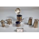 Collection of silver condiments, some with blue glass liners. 9 troy oz approx. (B.P. 21% + VAT)