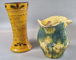Ewenny pottery dimpled design vase with Welsh text together with another unusual pottery two handled
