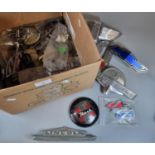 Box of assorted vintage chrome and other car badges/mascots to include: Plymouth, Panhard,