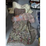 Two boxes of textiles to include; one plain and five check woollen blankets or carthen and a