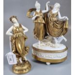 Capodemonte white and gilt porcelain figure group of dancing ladies together with another