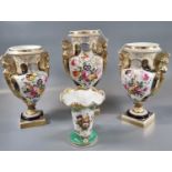 Set of three 19th century porcelain Coalport two handled garniture vases with gilded mounts and hand