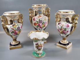 Set of three 19th century porcelain Coalport two handled garniture vases with gilded mounts and hand