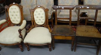 Two similar 19th century oak bar back farmhouse kitchen chairs together with a ladies and gents