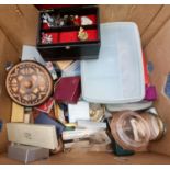 Box of assorted costume jewellery to include: brooches, necklaces, pill box, pearls etc. (B.P. 21% +