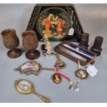 Box of oddments to include: Russian lacquered zither, pair of turned wooden goblets, decorated