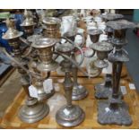 Tray of silver plated candlesticks and candelabrum. (B.P. 21% + VAT)