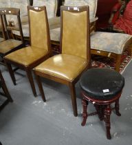 Pair of mid century dining chairs with leather finish upholstery together with stained Victorian
