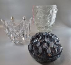 Art Deco design moulded glass cherry vase, probably by Barolac by Josef Inwald, together with