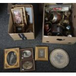 Two boxes of pictures and metalware to include: brass candlesticks, copper lidded pots and kettle,