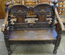Late 19th century Victorian carved oak hall settle, now altered to incorporate the backs of two