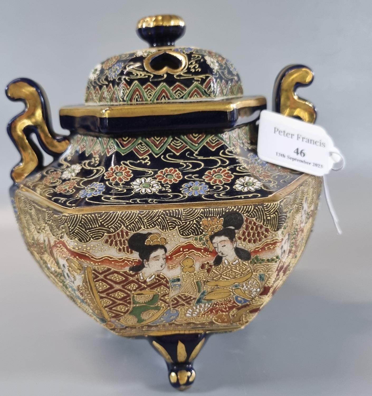 Japanese gilded polychrome hexagonal section tripod Kora and lid, decorated with Moriage enamels,