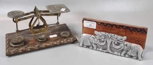 Small novelty wooden letter rack, the front decorated with elephants, together with vintage