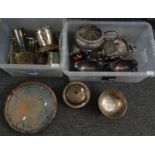 Two boxes of metalware, mostly silver plate to include: trays, serving dishes, hip flasks,