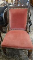 Edwardian oak framed and upholstered parlour chair together with late 19th early 20th century carved