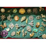 Collection of brooches to include: Aladdin lamp, dog, pineapple, bug, Irish wedding etc.