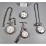 Collection of four early 20th century silver ladies fancy fob watches, some with chains, fobs