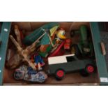 Box of vintage toys to include: two wooden painted scale model yachts; one by 'Birkenhead Star