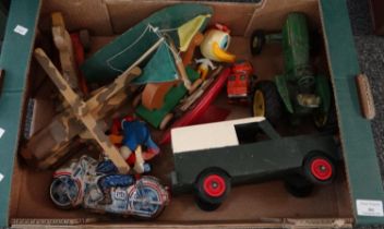Box of vintage toys to include: two wooden painted scale model yachts; one by 'Birkenhead Star