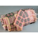 Yellow and pink ground woollen Welsh tapestry traditional Caernarfon design blanket with fringed