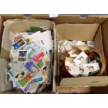 Box with selection of cigarette cards, tea cards & various other trade cards loose in two boxes &